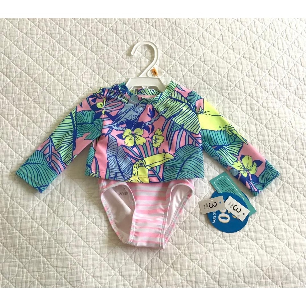 Sol Borne Girls 3 Piece Swimsuit 3-6‎ mos Rash Guard Bikini Tropical Pink UPF50